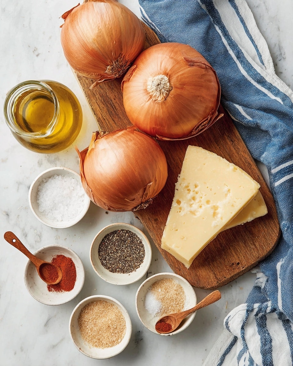 The image shows a wooden cutting board placed on a white marbled surface, with three large brown onions and a wedge of pale yellow cheese on it. Next to the board, there is a small glass container filled with golden oil and a blue and white striped cloth partly visible. In front of the cutting board, there are five small white bowls; three contain different spices with tiny wooden spoons—one with red powder, one with light brown granules, and one with a fine beige powder. The other two bowls hold black pepper and white salt. photo taken with an iphone --ar 4:5 --v 7