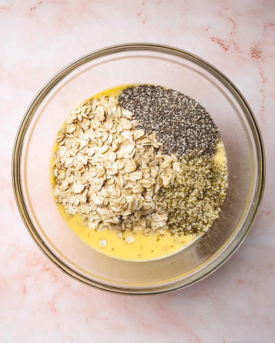 A clear glass mixing bowl sits on a white marbled surface filled with a mixture that forms three distinct layers: at the bottom is a yellow liquid base with a smooth texture, on top of that are pale beige rolled oats mostly covering the center and left side, and on the right side are two separate piles of small dry seeds—light gray chia seeds and greenish hemp seeds—each with a fine texture and resting neatly next to each other, the whole scene is brightly lit, showing clear details of each ingredient photo taken with an iphone --ar 4:5 --v 7