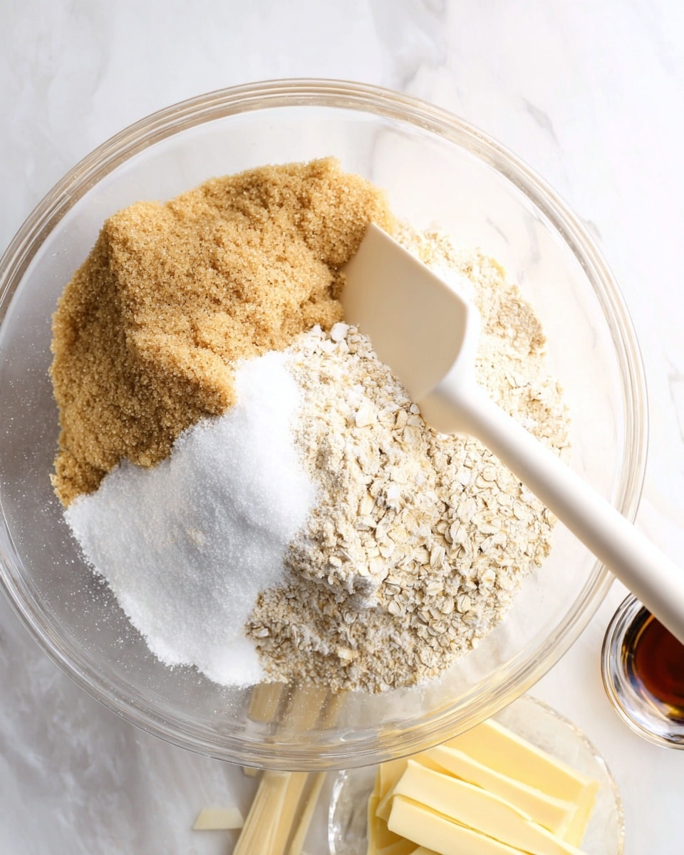 The image shows a clear glass bowl with four main layers of dry ingredients. On the left side, there is a mound of light brown sugar with a grainy texture. To the right of the brown sugar is a large white layer of granulated sugar. Next to this is a mix of light beige oats and flour with a slightly rough texture. A white spatula is resting on the oat and flour side within the bowl. Beneath the bowl on the white marbled surface, some butter sticks and a small clear dish with dark vanilla extract can be seen. The overall setting is bright and clean. photo taken with an iphone --ar 4:5 --v 7