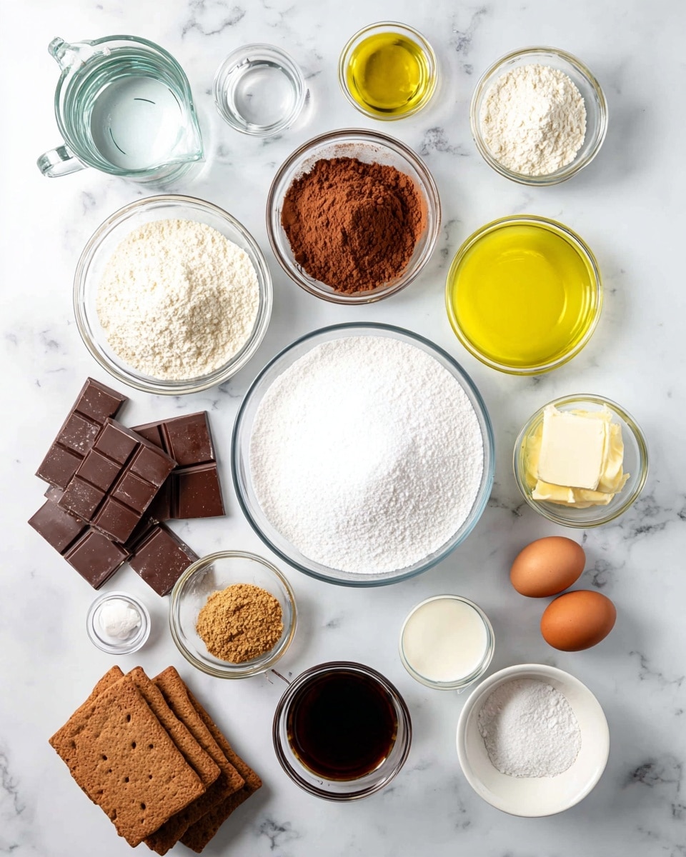 A top view of multiple baking ingredients arranged neatly on a white marbled surface. There is a large clear glass bowl in the center filled with white sugar. Around it, from top left going clockwise, there is a glass measuring cup with clear water, a glass bowl with white flour, a glass bowl with brown cocoa powder, a white bowl with yellow oil, broken chocolate pieces arranged beside it, a white bowl with egg whites, a few small glass bowls with white powders, a small glass bowl with dark brown vanilla extract, a white bowl with a light brown powder, two brown eggs in a small white dish, a glass measuring cup with milk, and broken graham crackers stacked in the lower left corner. The ingredients are spaced evenly and visually balanced. Photo taken with an iphone --ar 4:5 --v 7