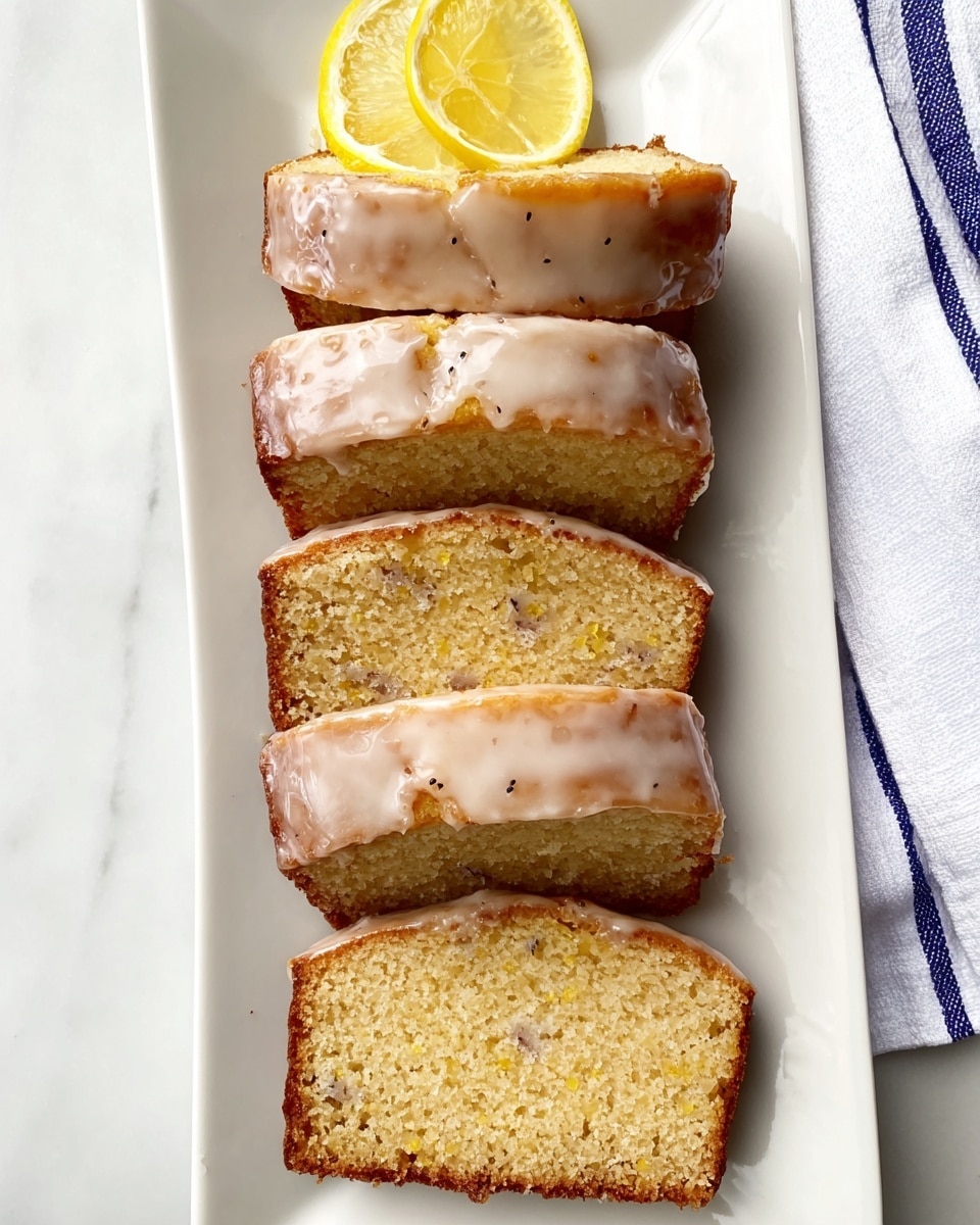The image shows five slices of glazed lemon cake arranged in a neat vertical line on a long, white rectangular plate. Each slice has a light golden-brown color with a shiny, pale glaze on top and small specks inside the cake. The top slice is topped with a thin, bright yellow lemon wedge. The plate is set on a white marbled surface with part of a white cloth with a blue stripe visible on the right side. Photo taken with an iphone --ar 4:5 --v 7