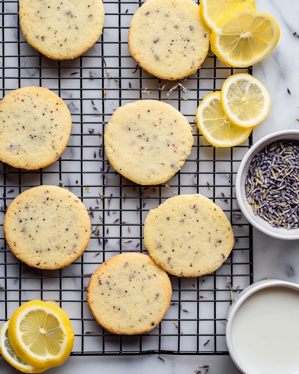 The image shows a flat black cooling rack on a white marbled surface with round lemon and lavender cookies placed on it. There are nine light golden-brown cookies with small dark specks that look like lavender pieces, evenly spread across the rack. Scattered between the cookies are several bright yellow lemon wedges showing the juicy, sliced interiors with seeds visible. On the right side, there are two white bowls, one filled with dried lavender flowers and the other with a white liquid, possibly milk. The whole scene is bright and clean with a fresh, simple look, photo taken with an iphone --ar 4:5 --v 7