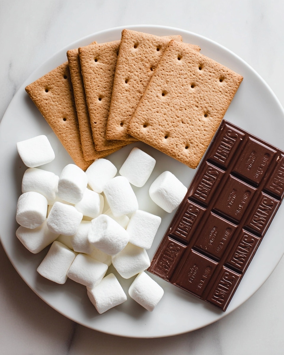 The image shows a white plate on a white marbled surface holding three main layers of ingredients for s’mores. At the back, there are four evenly stacked light brown, rectangular graham crackers with small holes and a slightly rough texture. In front of the crackers, to the right, lies a large dark brown chocolate bar with the Hershey's logo embossed in rectangular sections. On the left side, the bottom layer consists of a pile of white, soft marshmallows with a smooth, pillowy texture, some standing upright and others laying on their side. The composition is neat and the lighting highlights the textures of each element. photo taken with an iphone --ar 4:5 --v 7