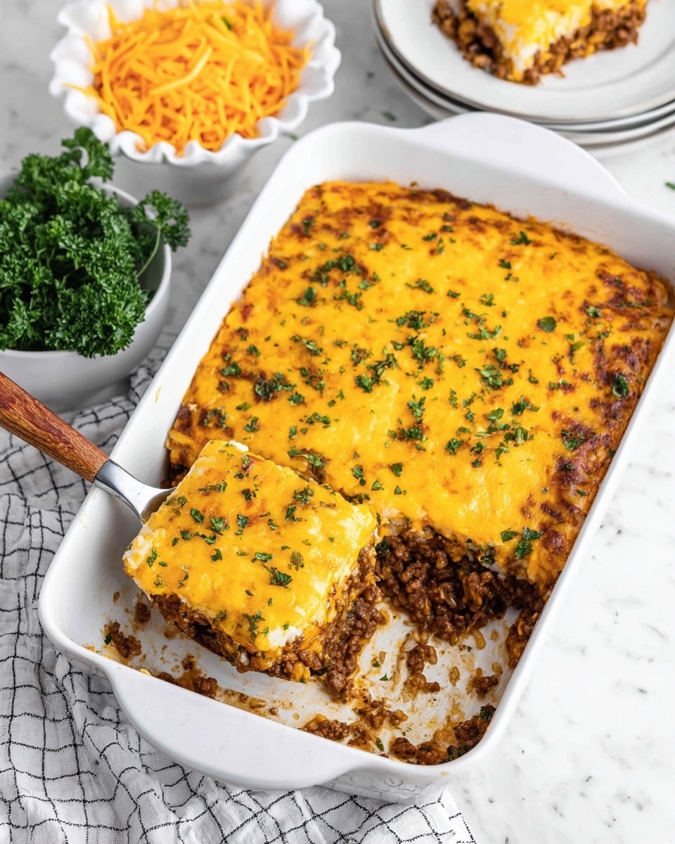 A white rectangular baking dish holds a cheesy casserole with three layers visible: a bottom layer of brown meat and rice, a thick middle layer mixed with sauce, and a top layer of melted golden-yellow cheese sprinkled with green herbs. A silver serving spoon with a wooden handle lifts one square piece from the dish, showing the textured layers inside. Nearby, a white scalloped bowl contains shredded bright orange cheese, and in the background, fresh green parsley adds color contrast. The whole scene is set on a white marbled surface with a checked cloth nearby, and two white plates with portions of the casserole are partially visible. Photo taken with an iphone --ar 4:5 --v 7