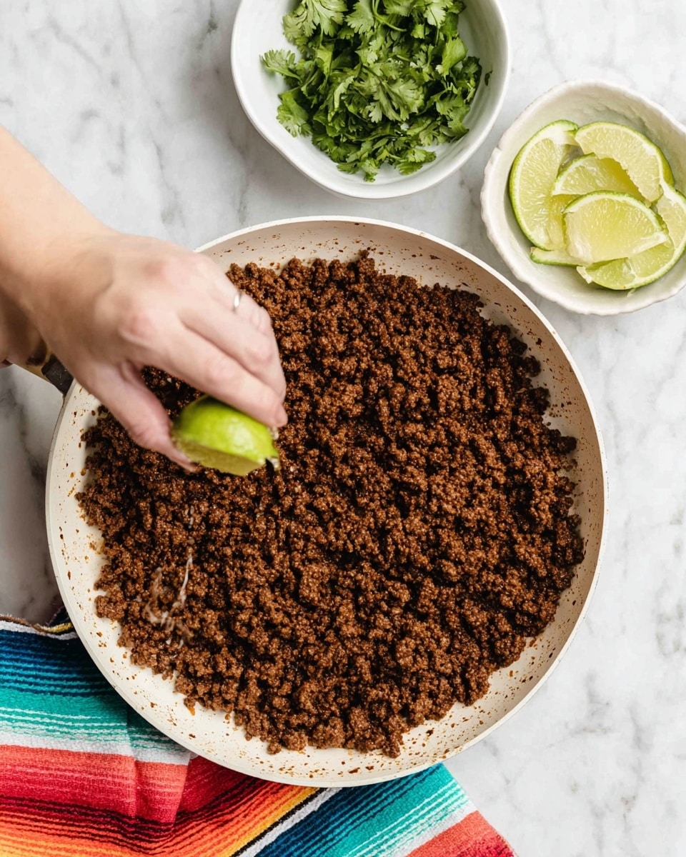 A white pan filled with one layer of cooked ground beef that is dark brown and crumbly in texture, covering the entire base of the pan. A woman's hand is squeezing a light green lime wedge above the beef, with lime juice appearing to fall onto it. Above the pan to the right, there are two small white bowls, one with fresh green cilantro leaves and another with two lime wedges. Below the pan, a colorful cloth with stripes in red, orange, blue, green, and white is partially visible. The whole setup is placed on a surface with a white marbled texture. Photo taken with an iphone --ar 4:5 --v 7