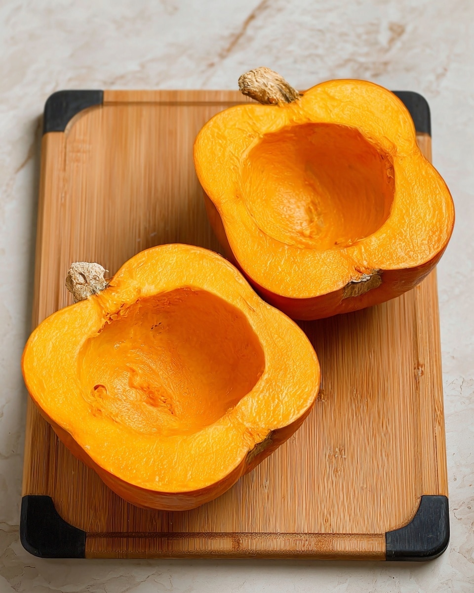 The image shows a pumpkin cut in half placed on a wooden cutting board with black rubber corners. Each pumpkin half reveals a smooth inner cavity with a deep orange color and a slightly shiny texture. The outer skin of the pumpkin is rough and has a bright orange shade, while the stem is light beige and textured. The cutting board sits on a white marbled surface. photo taken with an iphone --ar 4:5 --v 7