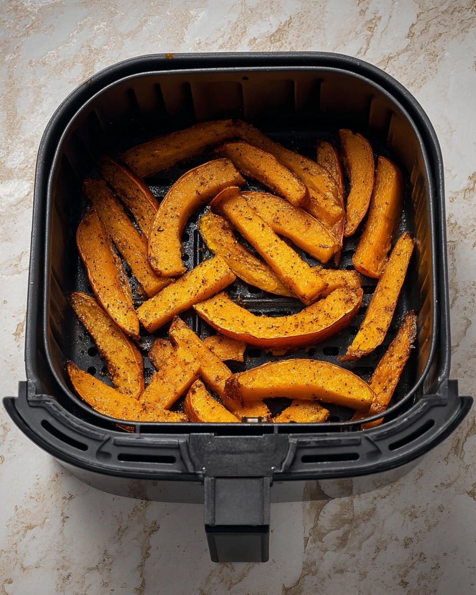 The image shows an air fryer basket filled with cooked orange squash slices. The squash pieces are cut into thick strips with slightly browned edges and a textured surface from cooking. They spread out mostly flat in a single layer inside the dark gray metal basket with small holes at the bottom for air circulation. The handle of the air fryer is visible at the front. The background has a white marbled texture. photo taken with an iphone --ar 4:5 --v 7