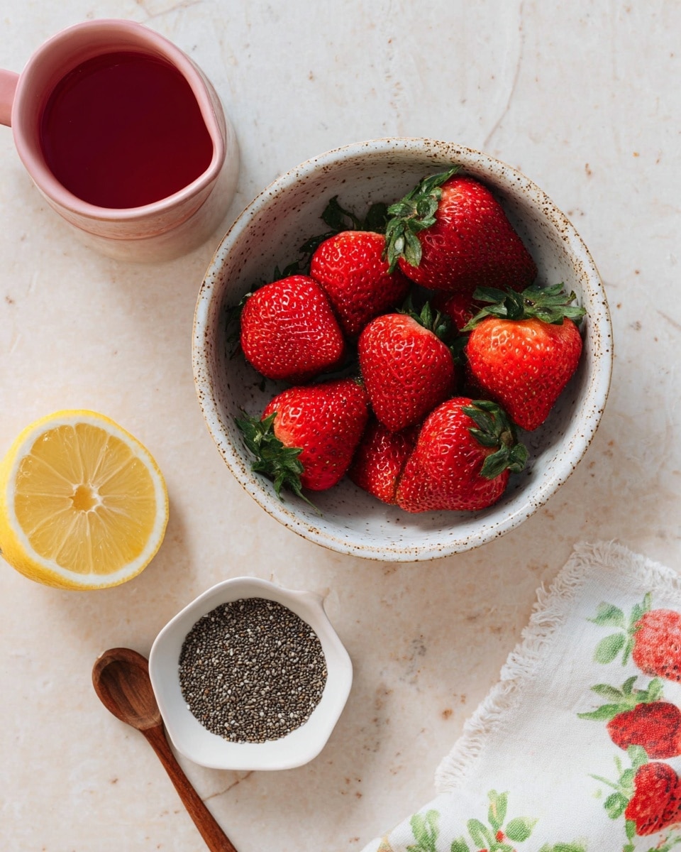A white speckled bowl filled with bright red strawberries with green leaves sits near the top left on a white marbled surface. Below it, there is a yellow half lemon showing its juicy inside on the left, and a small white bowl filled with dark brown chia seeds with a small wooden scoop inside on the right. Near the bottom of the image, a small pink cup contains dark red liquid, and part of a white cloth with red and green strawberry patterns lies on the right side of the image. photo taken with an iphone --ar 4:5 --v 7