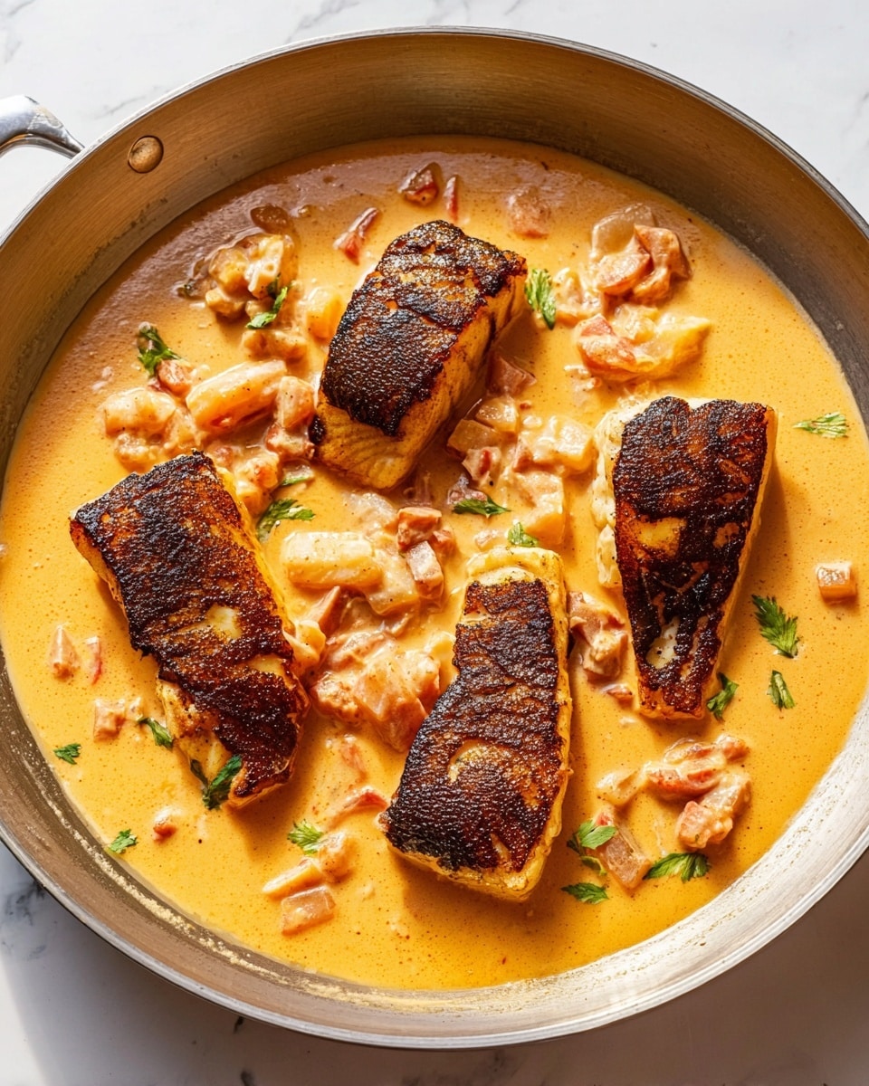 A silver pan is filled with four pieces of dark brown, well-cooked fish with a slightly crispy texture on top, resting in a thick, creamy orange sauce that contains small chunks of light pink and beige ingredients spread evenly throughout. The sauce looks smooth and rich, surrounding the fish pieces, which are arranged in a loose circle with some space between them, on a white marbled surface under bright light. photo taken with an iphone --ar 4:5 --v 7