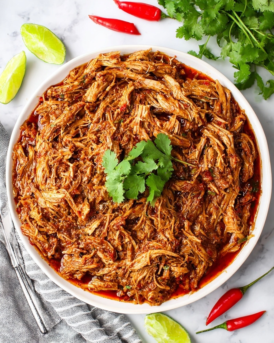 A grey electric pressure cooker filled with shredded chicken cooked in a rich, red sauce with visible strands and juicy texture, sitting on a white marbled surface. Around the cooker, there are fresh bright red tomatoes on the vine in the top right corner, fresh green cilantro bunches at the top left and bottom right, and three stacked round white tortillas to the right. A striped grey cloth lies beneath the left side of the cooker. The scene is bright and fresh, focusing on the cooked dish and fresh ingredients photo taken with an iphone --ar 4:5 --v 7