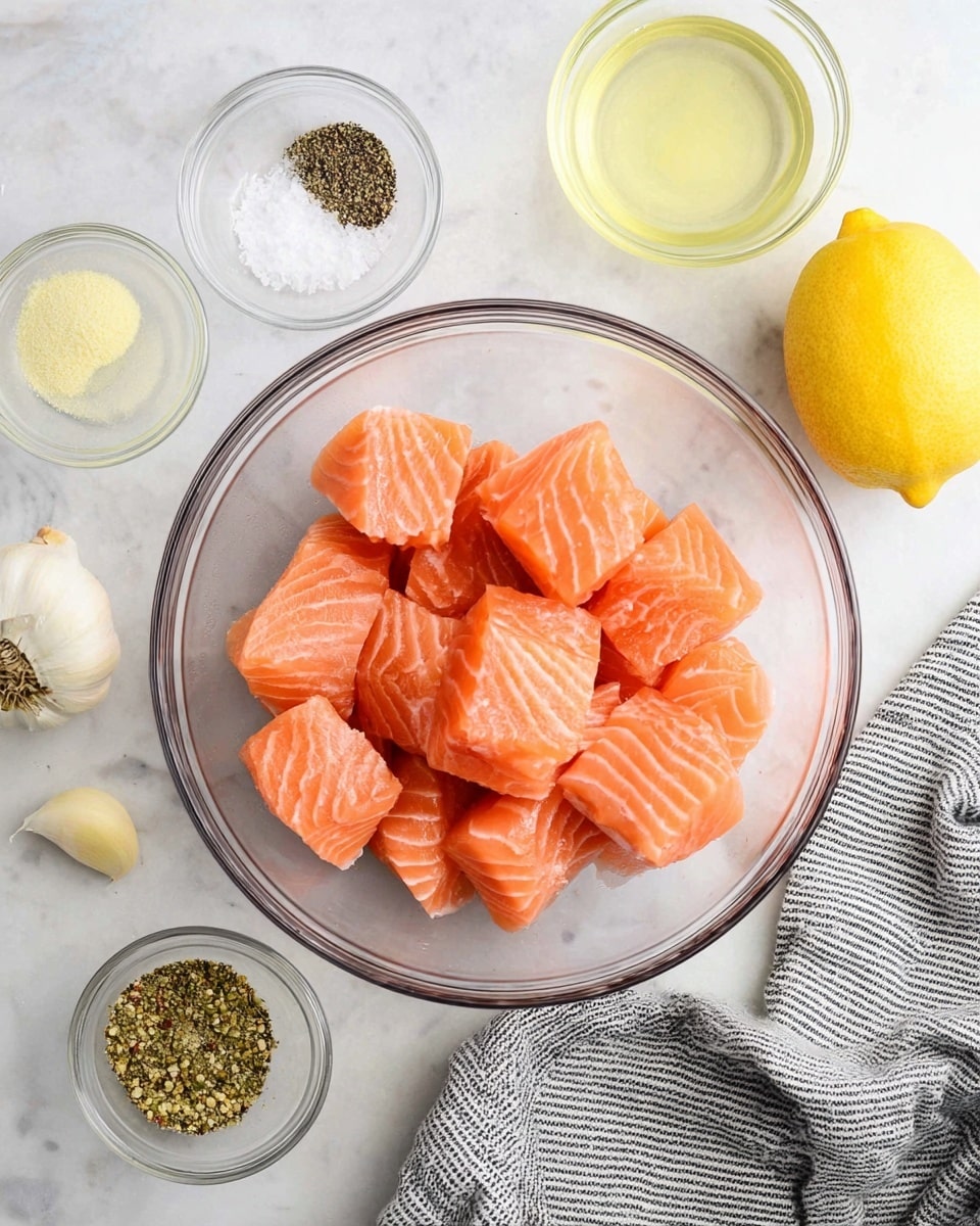 A clear glass bowl filled with about twenty bright orange salmon chunks with white fat lines inside, sitting on a white marbled surface. Around the bowl, from top to bottom, there is a small clear bowl with light yellow liquid, a whole yellow lemon, a small clear bowl with salt and black pepper, a small clear bowl with pale yellow powder, two garlic cloves, and a small clear bowl with a mix of yellow and black spices. A gray and white striped cloth is placed on the right side of the scene. Photo taken with an iphone --ar 4:5 --v 7