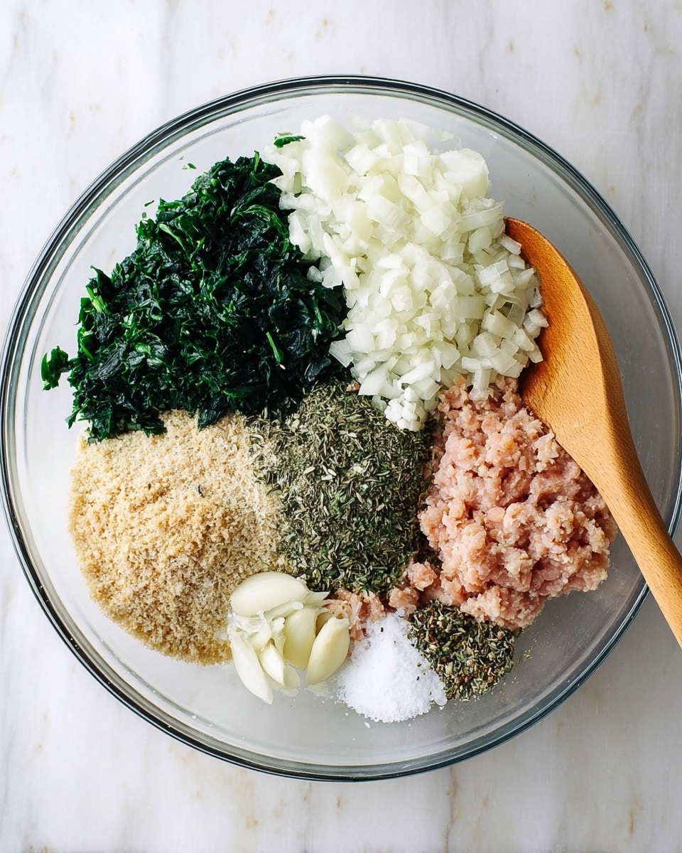 A clear glass bowl sits on a white marbled surface, filled with several distinct layers of ingredients arranged separately. On the left side, there is a large pile of finely chopped dark green spinach, next to it a mound of white finely chopped onions, and a heap of small white crumbly cheese or ricotta at the top right. Below the cheese is a pile of light brown breadcrumbs, adjacent to it some light pink ground meat, and at the bottom left corner, there is a small pile of minced garlic. Near the center of the bowl are small heaps of black pepper, dried herbs, and white salt. A wooden spoon rests on the bowl's edge, touching the cheese layer. photo taken with an iphone --ar 4:5 --v 7