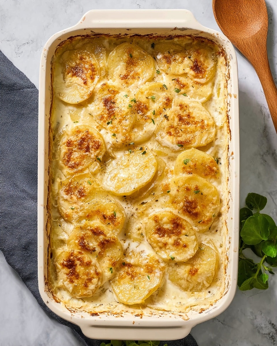 A white rectangular baking dish filled with a creamy potato gratin, showing about three layers of thinly sliced potatoes covered in a melted, golden cheese crust on top. The cheese layer is bubbly with some browned spots, giving a slightly crispy look, and the creamy sauce peeks between the overlapping potato slices. The dish sits on a white marbled surface with a wooden spoon to the upper right and some green leaves placed near the bottom corner. Photo taken with an iphone --ar 4:5 --v 7