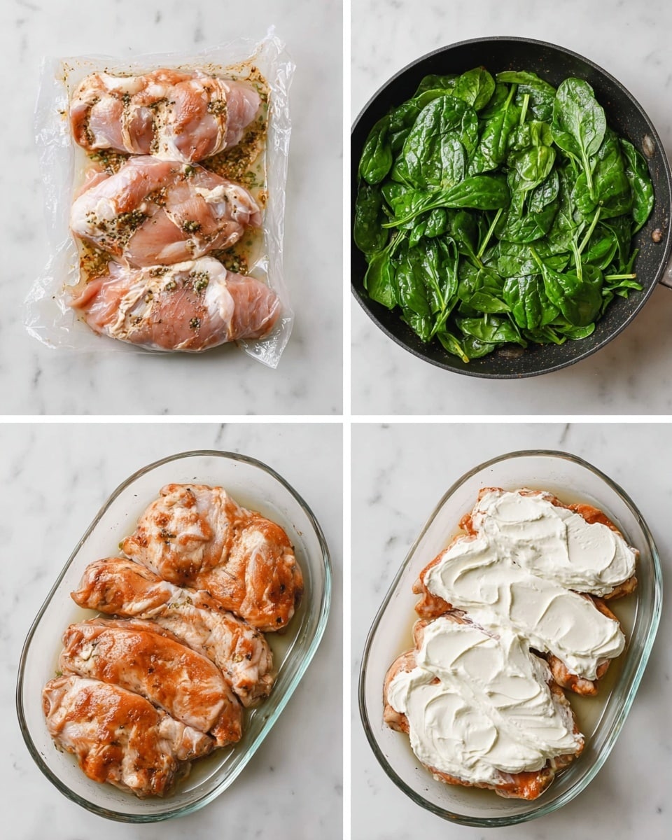 The image collage shows four cooking steps on a white marbled surface. Top left shows raw marinated chicken thighs inside a clear plastic bag with visible spices and garlic. Top right shows bright green spinach leaves cooking in a black pan. Bottom left shows the marinated chicken thighs placed in a clear oval dish arranged closely together. Bottom right shows the same chicken thighs in the oval dish, each topped with a thick, even layer of white cream cheese spread. photo taken with an iphone --ar 4:5 --v 7