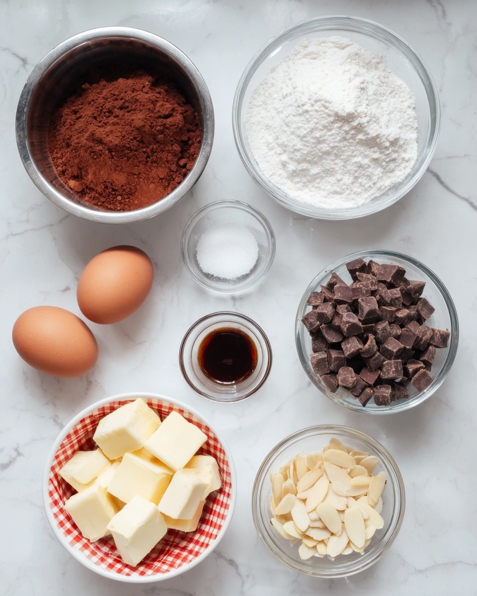 The image shows eight small containers arranged on a white marbled surface. There are two metal bowls; one with dark reddish-brown cocoa powder on the left and the other with white powdered sugar on the top right. In the middle, two brown eggs sit side by side with a small clear glass bowl of white salt above them and a white bowl of dark brown vanilla extract to the right of the eggs. Below, a white bowl with a red checkered edge holds pale yellow cubes of butter. To the right, a clear glass bowl contains dark brown chocolate chips, and next to it, a white bowl has some beige sliced almonds. photo taken with an iphone --ar 4:5 --v 7
