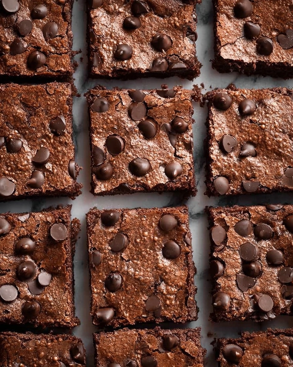 A close-up view of a square pan filled with chocolate brownies cut into smaller squares, each topped with many dark chocolate chips scattered unevenly but generously over the entire surface. The brownies have a rich, slightly shiny brown crust with a rough texture, showing thin cracks and a soft, dense interior beneath. The background shows a white marbled texture. Photo taken with an iphone --ar 4:5 --v 7