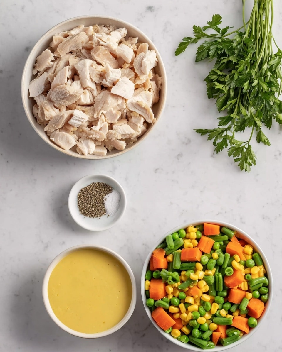 The image shows four separate white bowls on a white marbled surface. The largest bowl on the left holds chopped cooked chicken pieces with light brown edges. Below it, a smaller bowl contains a mix of salt and black pepper. To the right, a medium white bowl is filled with colorful frozen mixed vegetables, including green beans, peas, carrots, and corn. Above this vegetable bowl, there is a small white bowl filled with smooth yellow sauce. A small bunch of fresh green parsley lies next to the sauce bowl on the surface. Photo taken with an iphone --ar 4:5 --v 7