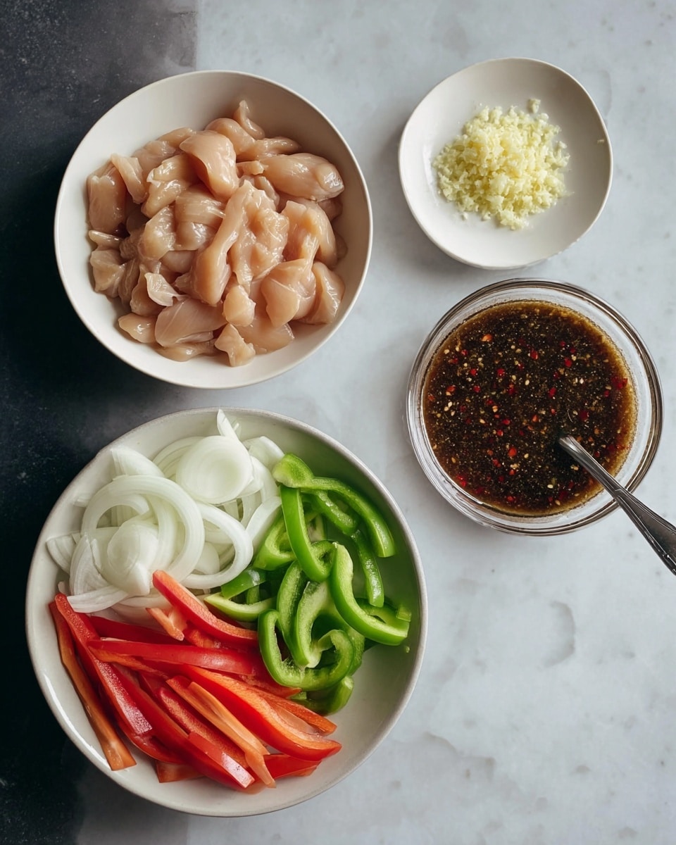 A white bowl on the left side holds small strips of raw chicken with a smooth, shiny texture in pale pink color. On the lower right, a white plate is filled with three types of sliced vegetables arranged in sections: white onion slices with a curved shape at the top, bright green bell pepper strips in the middle, and red bell pepper strips on the right side. Above the bowl of chicken, there is a small white plate with finely grated garlic and ginger in light yellow and beige colors. To the right of that, a clear glass bowl contains a dark brown sauce with visible red chili flakes, and a silver spoon is resting inside the bowl. All dishes are placed on a white marbled surface. Photo taken with an iphone --ar 4:5 --v 7