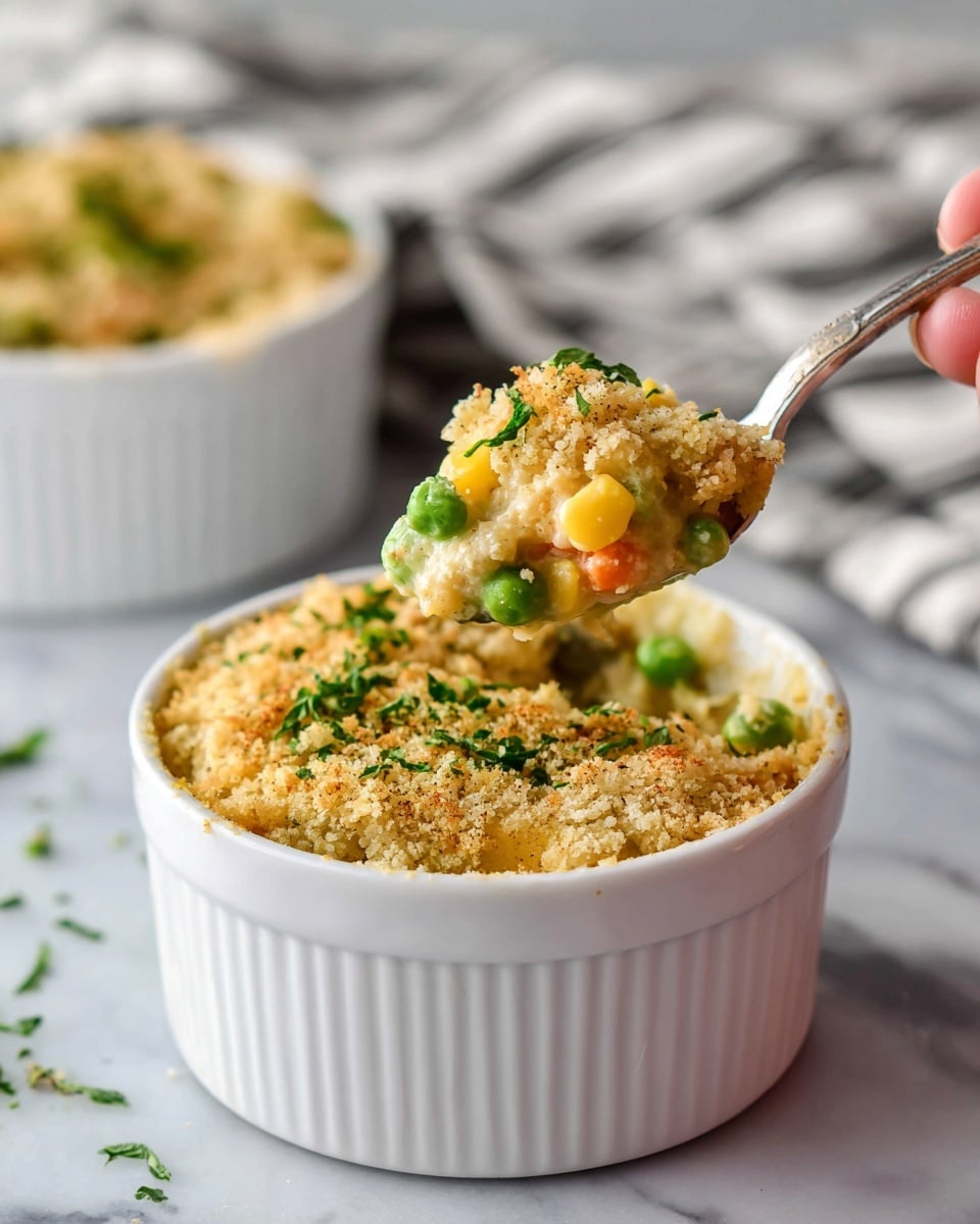 A white round ramekin filled with a baked casserole showing three layers: the bottom layer is a creamy, light yellow sauce mixed with green peas and yellow corn; the middle layer appears soft and thick with a mix of vegetables; the top layer is a golden-brown crumbly crust sprinkled with fresh green herbs. A spoon held by a woman's hand is lifting a scoop of the casserole, highlighting the crumb texture and vegetables. The ramekin is placed on a white marbled surface, and a second ramekin is blurred in the background with a striped cloth. photo taken with an iphone --ar 4:5 --v 7