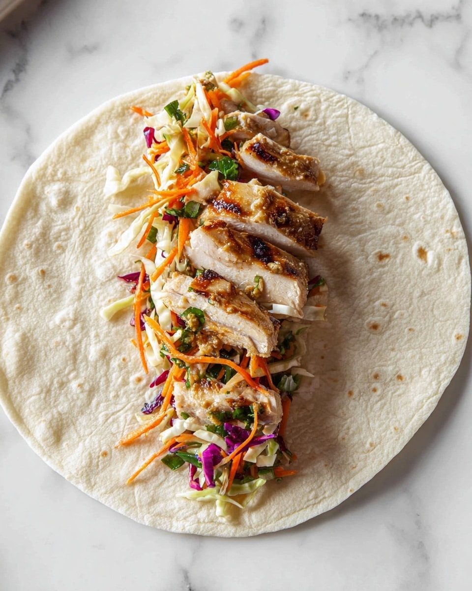 A white tortilla lies flat on a white marbled surface, with two layers of filling arranged in the middle in a horizontal line. The bottom layer shows slices of grilled chicken with a light golden-brown color and a slightly charred texture. On top, a colorful mix of shredded vegetables adds contrast, including thin orange carrot strips, white cabbage pieces, and small bits of purple cabbage with some green herbs scattered throughout. The dish appears fresh and neatly assembled, with the toppings evenly spread across the chicken. Photo taken with an iphone --ar 4:5 --v 7