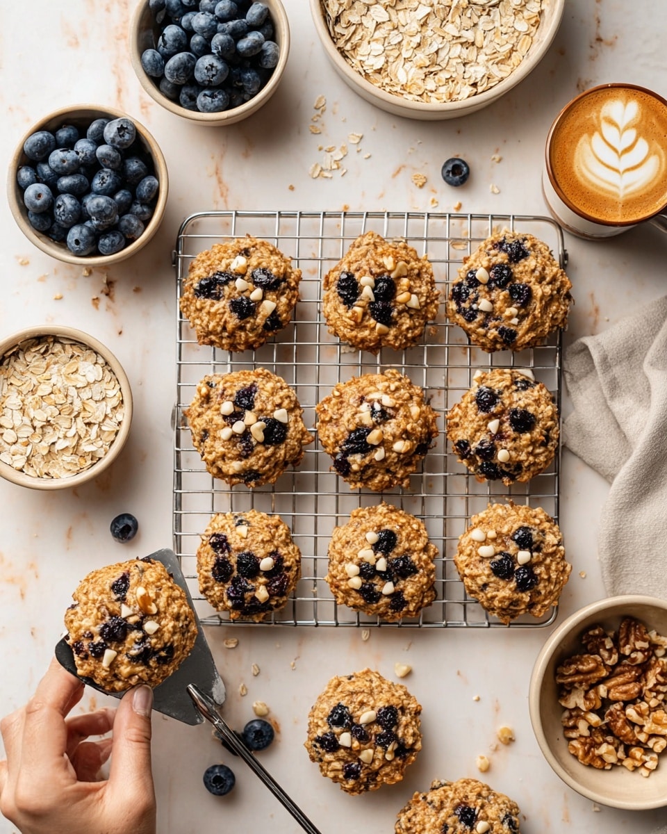The image shows a white marbled surface with a cooling rack holding eleven oatmeal cookies with blueberries, small white chocolate chips, and walnut chunks. The cookies have a golden-brown color and a rough texture with visible oats and blueberries on top. Around the rack are small beige bowls filled with fresh blueberries, rolled oats, chopped walnuts, and ground cinnamon. There are two cups of coffee with foam art on the surface, placed near the cookies. A woman's hand is holding a spatula with one cookie on it, lifting it from the cooling rack. The scene is bright and cozy, with a clean, light background. photo taken with an iphone --ar 4:5 --v 7