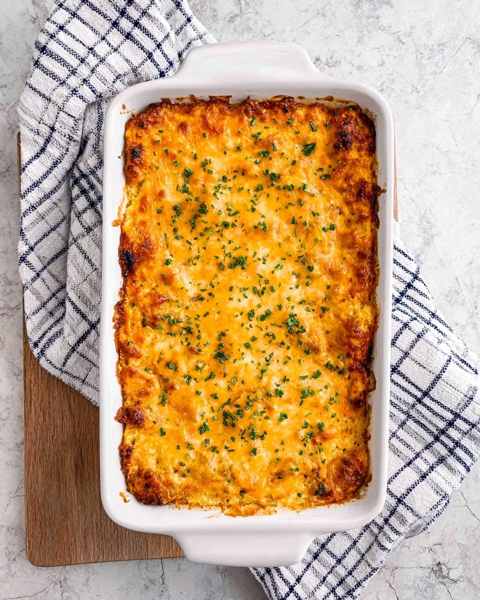 The image shows a rectangular white baking dish filled with a baked casserole topped with a golden brown melted cheese layer that has small green herbs sprinkled evenly across the top. The casserole surface looks slightly textured with hints of browned spots indicating it is well-cooked. The dish rests on a white marbled texture and beside it is a white cloth with a black checkered pattern casually placed. Photo taken with an iphone --ar 4:5 --v 7