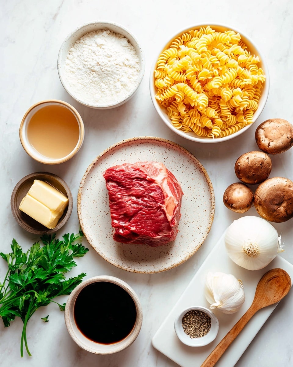 A top-down view of arranged raw ingredients on a white marbled surface includes a single large piece of raw red meat placed in the center on a white plate with brown speckles. Surrounding it are a small bowl of white flour, a bowl of sour cream, a cup of light brown liquid, butter in a small white bowl, a bowl of dark soy sauce, and a bowl filled with yellow curly pasta. On the right side, there is a small white cutting board with black pepper in a wooden spoon, several garlic cloves, fresh green parsley, half a white onion, and several brown mushrooms. The colors and textures range from smooth and creamy to rough and fresh greens. photo taken with an iphone --ar 4:5 --v 7