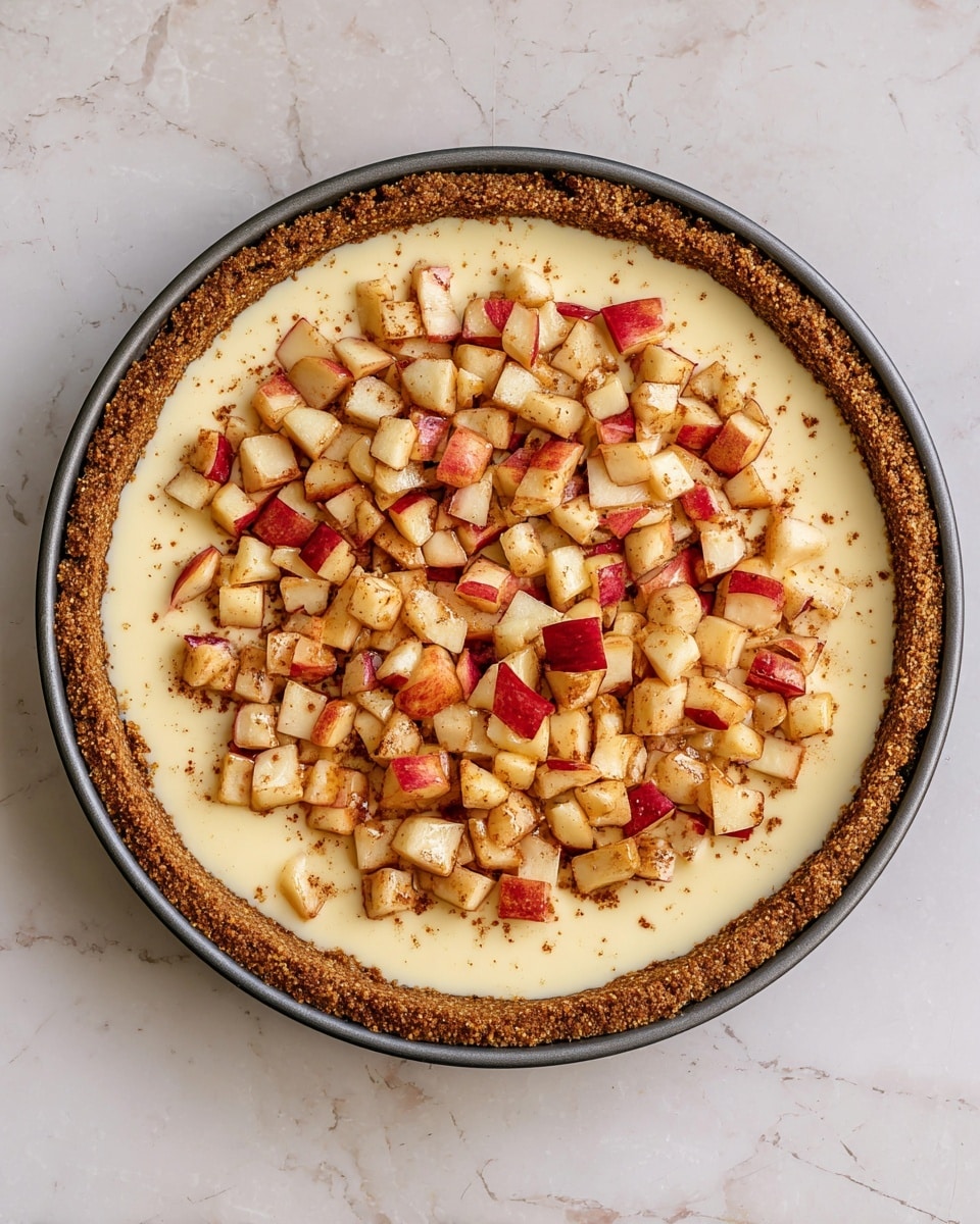 A round pie with a crumbly brown crust forms the bottom and sides, holding a smooth, pale yellow cream filling. On top, there are many small apple pieces mixed with cinnamon, showing red skin and pale, soft interior, spread evenly but not packed tightly. The pie is in a dark metal pan, all placed on a white marbled surface. Photo taken with an iphone --ar 4:5 --v 7