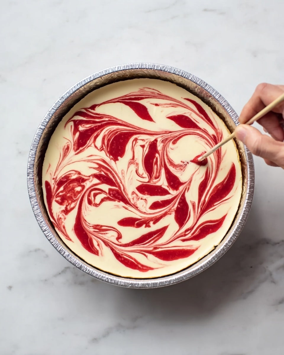 A round cheesecake pan wrapped in foil holds a creamy pale yellow cheesecake batter as the base layer. On top, bright red swirls of fruit sauce are spread in a flowing, leaf-like pattern covering the surface evenly. A woman's hand holds a thin skewer, gently dragging through the red sauce and creamy batter to create a marbled design with curved and pointed shapes. The pan rests on a white marbled surface, showing a clean and bright background. photo taken with an iphone --ar 4:5 --v 7