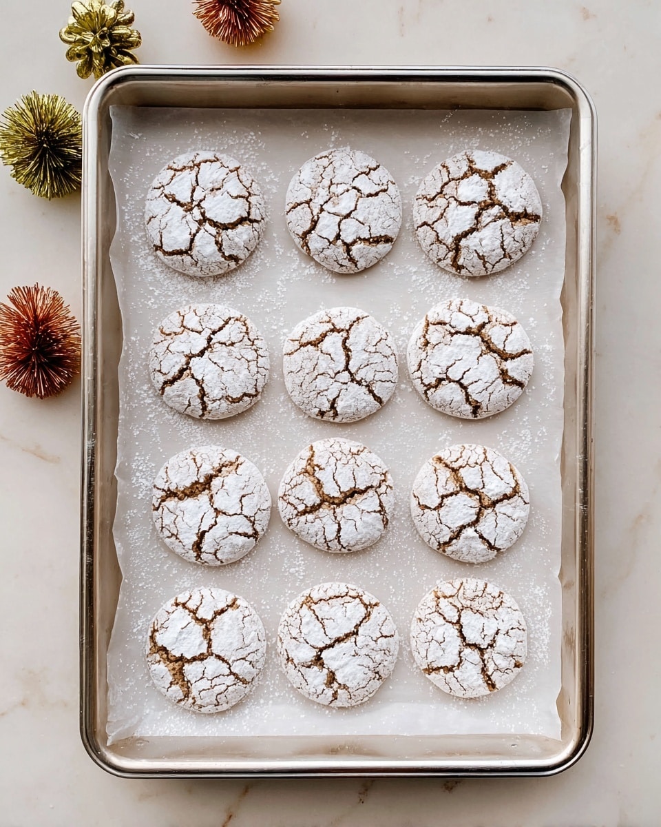The image shows a silver baking tray lined with white parchment paper, holding twelve round cookies arranged in a 3 by 4 grid. Each cookie is light brown with a cracked surface and covered in a thin layer of white powdered sugar, creating a mottled, textured look. The cookies have deep cracks that reveal the darker dough beneath, giving them a rough and uneven top layer. The tray is placed on a white marbled surface, and in the upper left corner, there are small, metallic gold and copper pinecone ornaments, adding a subtle festive touch. photo taken with an iphone --ar 4:5 --v 7