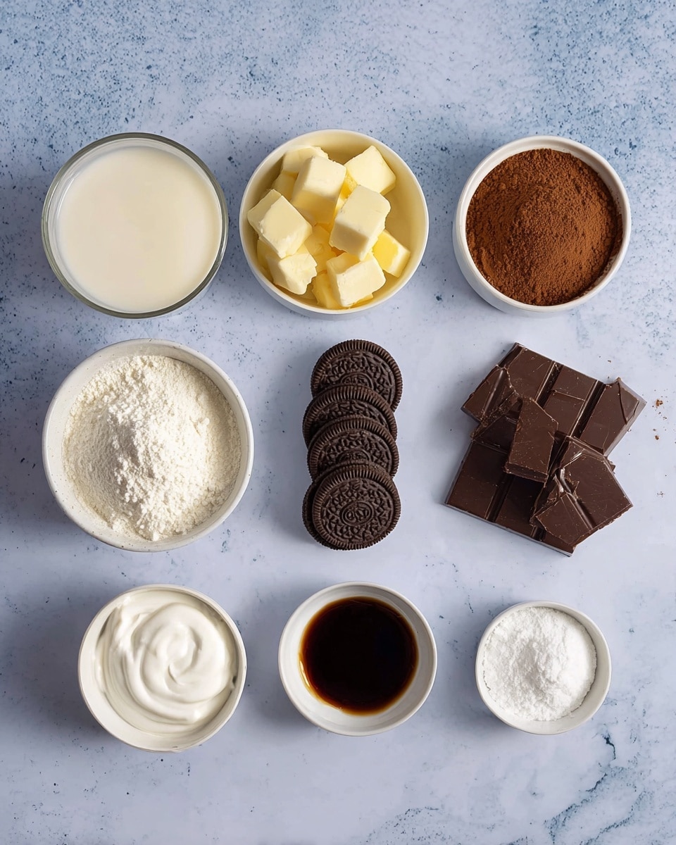 The image shows eight ingredients arranged on a white marbled surface. From left to right in the top row, there is a glass of creamy white liquid, a white bowl filled with yellow butter cubes, a white bowl with brown cocoa powder, and four dark chocolate sandwich cookies in a line. In the bottom row from left to right, there is a white bowl with thick white cream, a white bowl filled with white powdered sugar, a small white bowl containing dark brown vanilla extract, and three pieces of dark chocolate stacked loosely. The items are evenly spaced and clearly visible, with soft natural light highlighting the textures and colors. Photo taken with an iphone --ar 4:5 --v 7