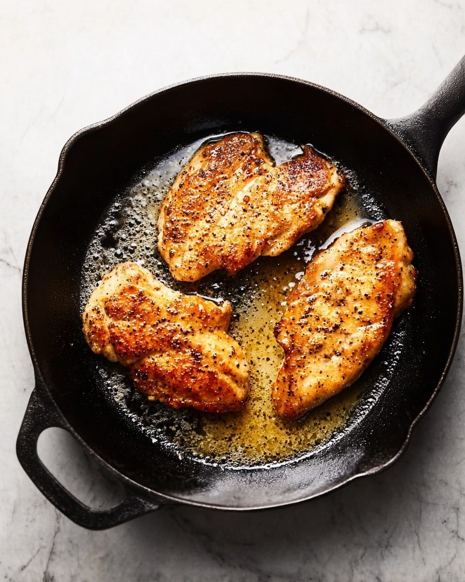 A black cast iron pan holds three golden brown cooked chicken pieces with crispy edges, sizzling slightly in melted butter that pools beneath them. The pan is round with a sturdy handle and is placed on a white marbled surface. The chicken pieces look juicy with a lightly peppered, textured crust. The light reflects softly on the buttery liquid around the chicken, showing a warm and fresh cooking scene. photo taken with an iphone --ar 4:5 --v 7