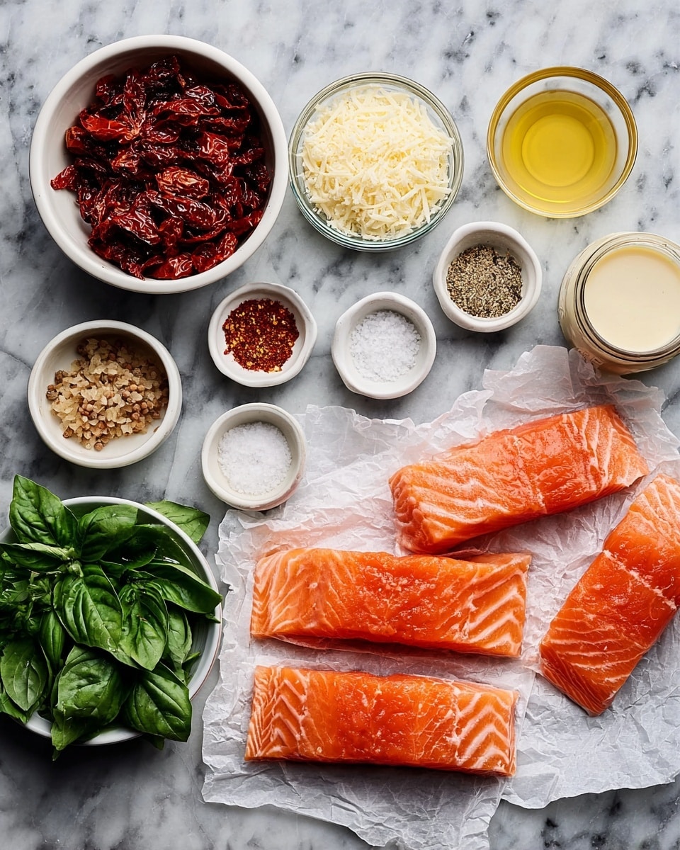 The image shows an arrangement of raw salmon fillets and various ingredients on a white marbled surface. On the right side, there are four pieces of fresh salmon with a bright orange color and visible white lines of fat placed on white crinkled paper. Around the salmon, there are small white bowls holding different spices and seasonings: salt, black pepper, dried red chili flakes, minced garlic, a thick brown paste, and a light powder. Above the salmon, a small bowl contains grated cheese that is pale yellow in color. To the left, there is a bowl filled with dark red chopped sun-dried tomatoes. Fresh green basil leaves form a leafy cluster in the top left corner. Two small white bowls contain a golden yellow oil and a pale vinegar or broth. A small jar of creamy white sauce is also visible near the basil. The different textures include smooth fish, leafy greens, dry spices, and soft chopped tomatoes. All items are displayed neatly with good lighting. photo taken with an iphone --ar 4:5 --v 7