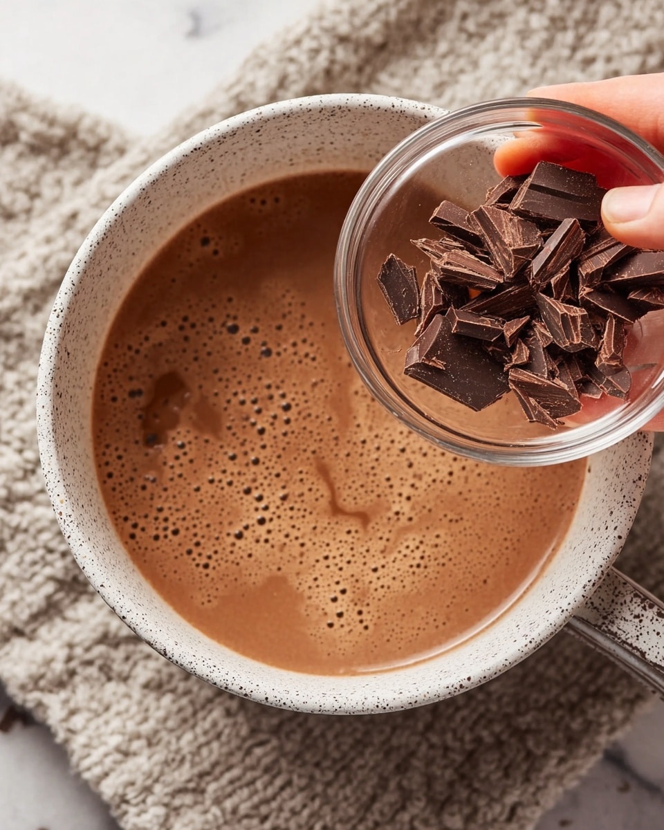 A close-up view shows a woman's hand holding a small clear glass bowl filled with dark chocolate chunks above a white speckled pot. Inside the pot is a smooth, frothy milk chocolate liquid with tiny bubbles and small pieces of chocolate floating on the surface. The pot sits on a white marbled surface with a textured, neutral-colored cloth partially visible beneath it. The scene captures the moment before the chocolate pieces are added to the warm chocolate liquid. Photo taken with an iphone --ar 4:5 --v 7