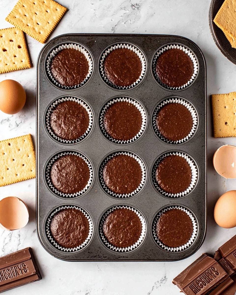 A dark metal muffin tray holds 12 paper liners filled evenly with smooth, dark brown chocolate batter, each liner showing a slightly shiny, wet texture. Around the tray, on a white marbled surface, there are several light brown rectangular graham crackers with small holes, three halves of light brown eggshells, and a small stack of Hershey's milk chocolate bars with clear branding. The lighting highlights the textures of the chocolate batter and the cracks in the eggshells, giving the scene a fresh baking preparation feel. photo taken with an iphone --ar 4:5 --v 7
