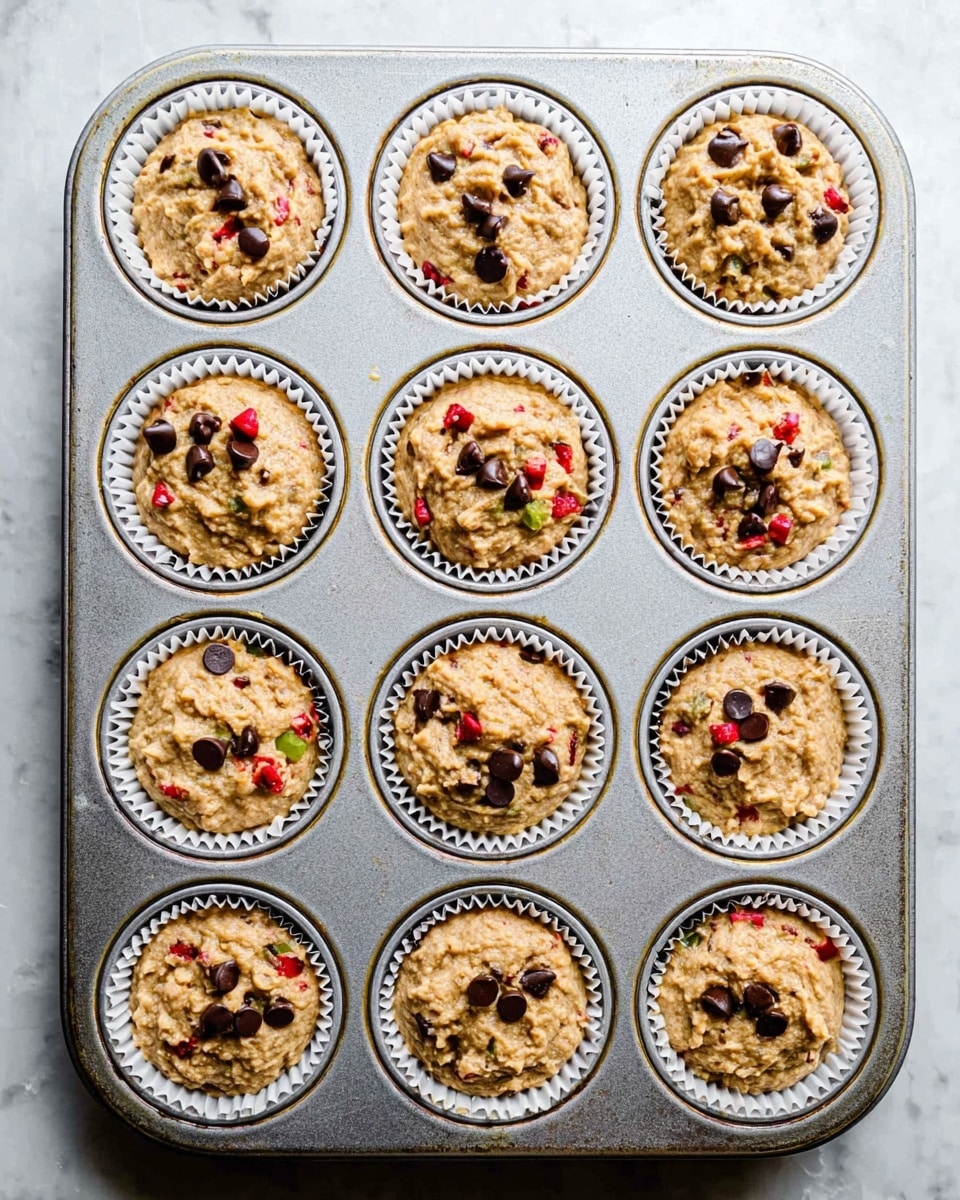 The image shows a metal muffin tray with twelve white paper liners filled with a light brown batter mixed with red and green bits, topped with small dark chocolate chips scattered unevenly on each portion. The batter looks thick and textured, reaching near the top edges of the liners. The tray sits on a white marbled surface, and the overall look is bright with natural light highlighting the uneven scooping of the batter. photo taken with an iphone --ar 4:5 --v 7