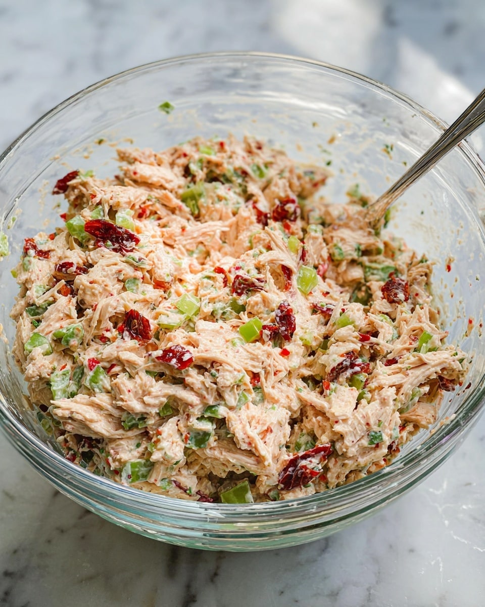 A clear glass bowl filled with a mixed chicken salad that has a creamy texture with visible shredded chicken in light beige, green pieces of celery, small red bits of onion, and darker red sun-dried tomatoes. The mixture looks chunky and moist, with a spoon inserted on the right side of the bowl. The bowl sits on a white marbled surface with a soft natural light shining on it, highlighting the colors and texture of the salad. photo taken with an iphone --ar 4:5 --v 7