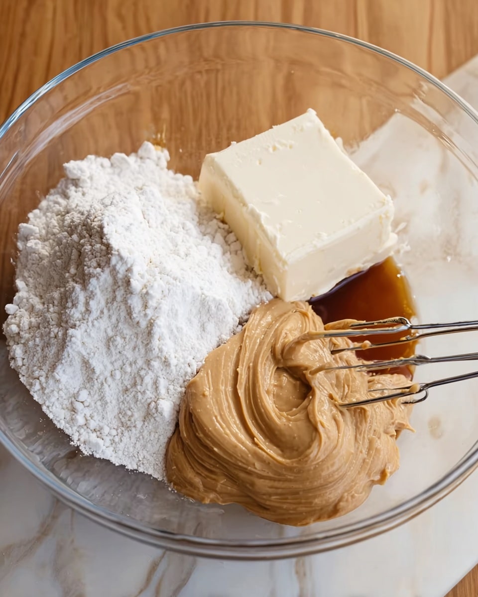 In a clear glass bowl on a white marbled surface, there are four separate layers of ingredients. The bottom left layer is a large mound of white powdered sugar with a soft, powdery texture. On the bottom right, there is a smooth, light brown peanut butter layer with swirls and a creamy look. At the top right, a thick, rectangular block of pale cream cheese sits with a small pool of dark vanilla liquid on its side. Above the cream cheese, two metal beaters dipped in the ingredients are resting, showing a soft creamy texture on them. The background is a warm light wood surface. Photo taken with an iphone --ar 4:5 --v 7