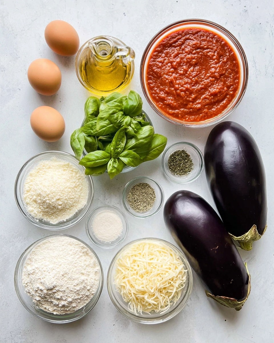 The image shows various ingredients arranged on a white marbled surface, ready for cooking. There are two large dark purple eggplants on the right side. A small glass bottle of golden olive oil sits next to the eggplants. In the center, a bunch of fresh green basil leaves lies surrounded by small clear bowls holding dried herbs, salt, and grated cheese powders. To the left, there is a clear bowl filled with bright red tomato sauce, three brown eggs in another clear bowl above it, and bowls of white flour and shredded cheese arranged neatly around. The ingredients are spaced out evenly, showing a clean and organized layout. photo taken with an iphone --ar 4:5 --v 7