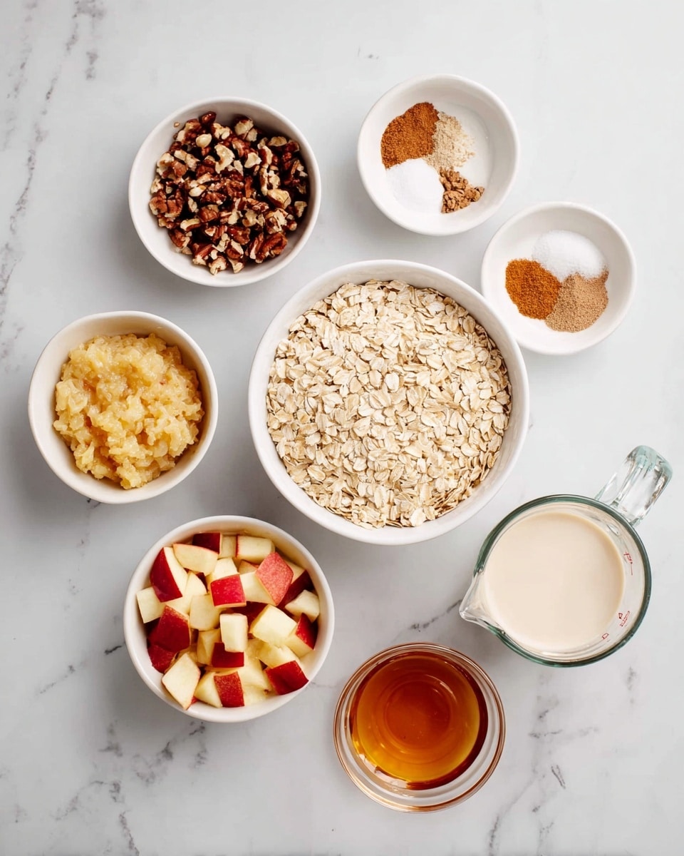 The image shows seven small white bowls and a glass measuring cup arranged on a white marbled surface. In the center, there is a bowl filled with light beige rolled oats. Above it is a bowl of chopped dark brown nuts, and below it is a bowl of small chopped apple pieces with red skin. To the left, there is a bowl with light yellow applesauce and another bowl with three spices in shades of brown and white powders. On the right side, the glass measuring cup holds a creamy white liquid, and below it, there is a small glass bowl with amber-colored syrup. Photo taken with an iphone --ar 4:5 --v 7