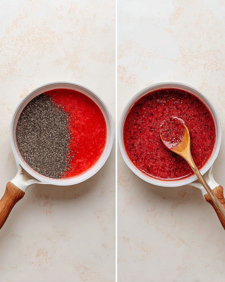 Two side-by-side white pans with light wooden handles sit on a white marbled surface. The pan on the left holds a partially mixed bright red mixture with a wooden spoon resting inside, showing a large heap of dark chia seeds on the left side of the red liquid. The pan on the right shows the same mixture fully mixed, turning a darker, more uniform red with small chia seed textures spread evenly throughout, with the wooden spoon slightly raised from the surface. photo taken with an iphone --ar 4:5 --v 7