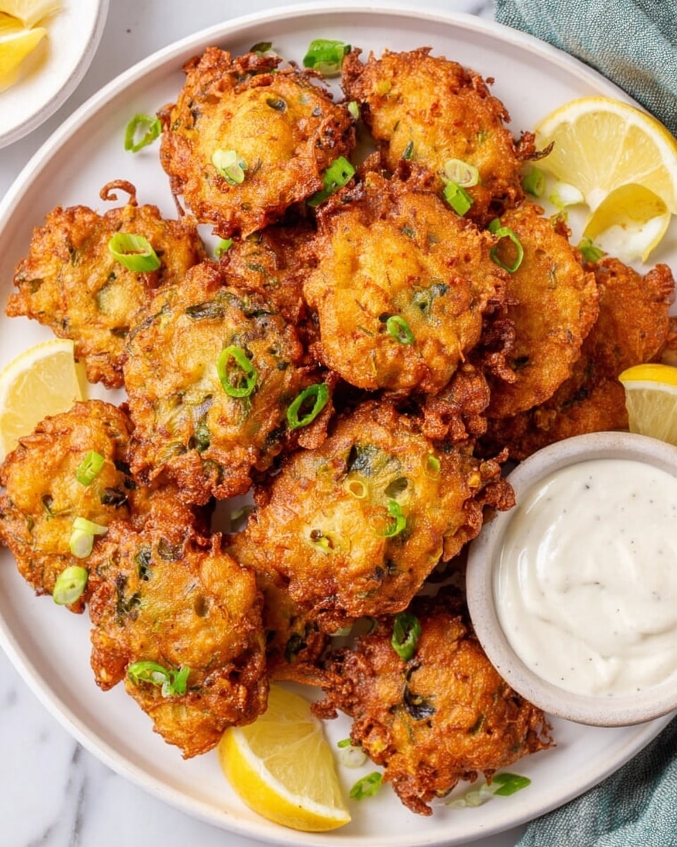 A white plate filled with about ten crispy golden-brown fritters, each unevenly round with a rough, crunchy texture. Bright green small onion pieces are scattered on top, giving a fresh touch. Around the plate are several lemon wedges, pale yellow and juicy-looking, positioned near the edges. At the top right of the plate is a small white bowl filled with creamy white dipping sauce. The plate sits on a white marbled surface. photo taken with an iphone --ar 4:5 --v 7