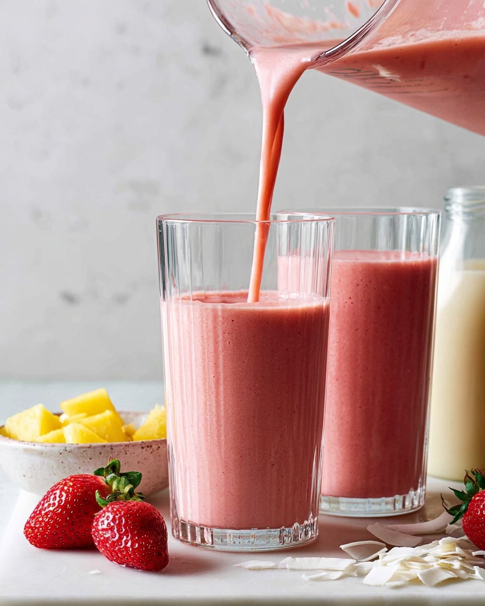 A tall clear glass is filled with a smooth, pink strawberry smoothie being poured from a glass container above, showing a thick yet flowing texture. Next to it is another glass already filled with the same pink smoothie. Surrounding the glasses on a white marbled surface are three whole strawberries, a small white bowl with yellow pineapple chunks, a bottle of light-colored milk, and scattered thin coconut flakes. The scene is bright and fresh, highlighting the rich pink color of the smoothie and the natural fruit elements photo taken with an iphone --ar 4:5 --v 7