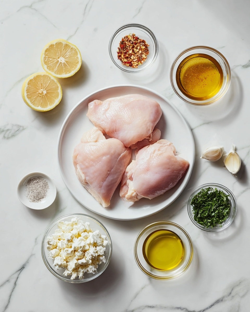 The image shows three pieces of raw pink chicken placed on a white plate in the center. Around the plate, there are six small bowls and dishes arranged neatly on a white marbled surface: two lemon slices at the top left, a small glass bowl with golden honey and red flakes at the top right, a glass bowl filled with white crumbly cheese below the honey, a glass bowl with golden oil below the cheese, a small bowl with green chopped herbs near the bottom right, a tiny glass bowl with minced garlic near the bottom left, and a small white dish containing salt and pepper near the left side. The lighting is soft and bright. Photo taken with an iphone --ar 4:5 --v 7