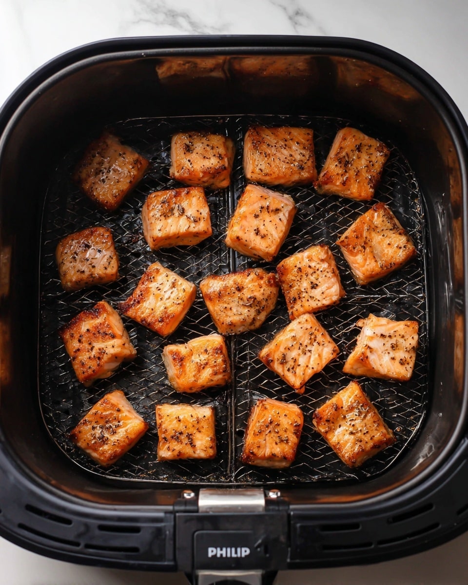 Inside a black air fryer basket, there are twenty pieces of cooked salmon cubes arranged in a grid. Each salmon piece is golden brown with a slightly charred surface, showing a grilled texture with small grill marks. The salmon looks moist and seasoned with black pepper. The air fryer lid is slightly reflective, showing a faint mirror image of the salmon pieces and the Philips brand label. The whole scene is on a white marbled texture surface. photo taken with an iphone --ar 4:5 --v 7