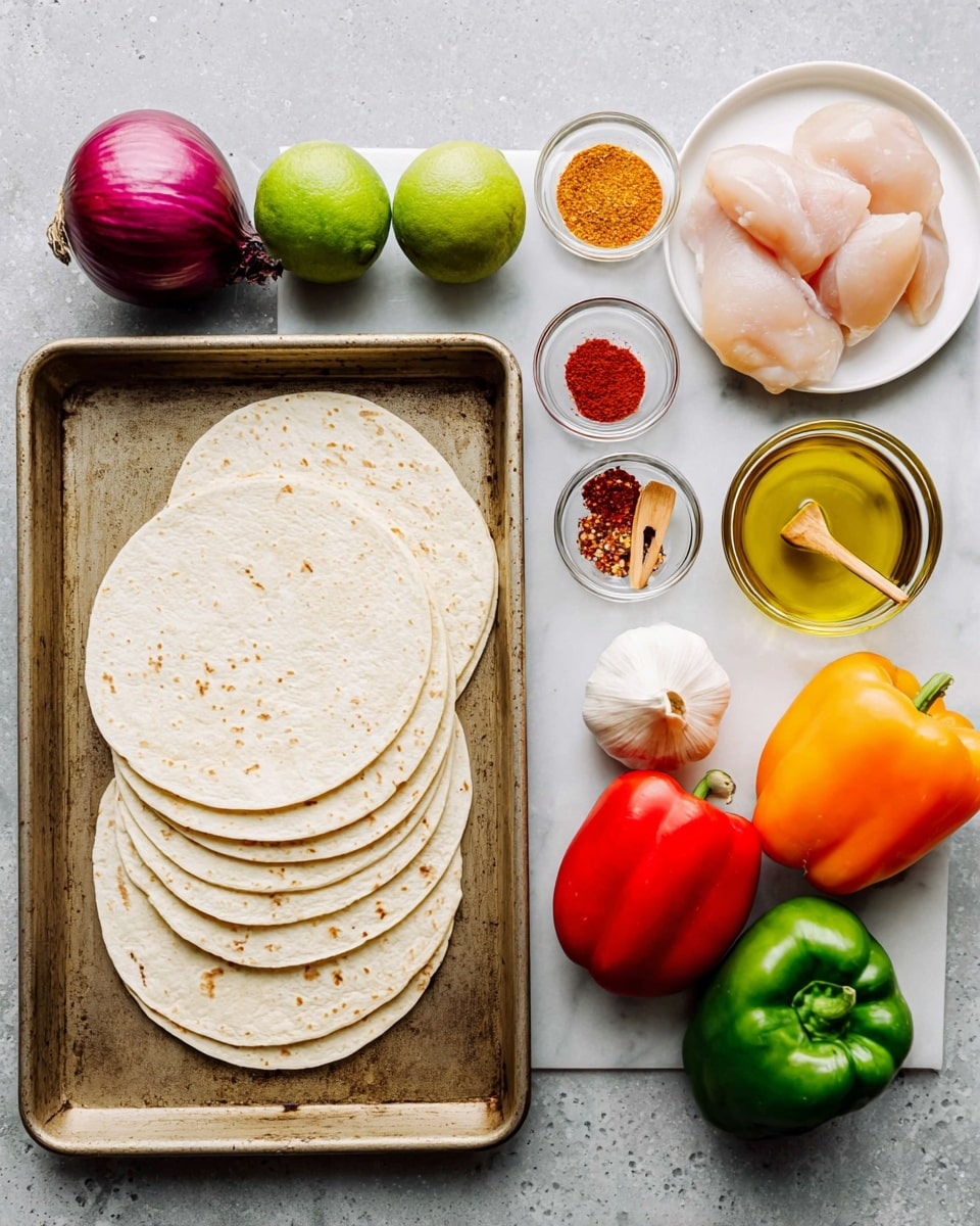 A metal tray with eight light beige tortillas stacked on the bottom left side, next to a whole white garlic bulb and a small bowl of golden oil at the bottom right. Above the garlic bulb and oil bowl is a red onion on the top left corner. Two bright green limes are placed near the left center. Three small glass bowls hold different spices: reddish powder, yellowish powder, and red chili flakes with small wooden spoons inside the bowls arranged diagonally from top to bottom center. A white plate with four raw pale pink chicken pieces is on the right side. Below the plate, three bell peppers in bright orange, green, and red colors are placed next to each other on a white marbled textured surface. Photo taken with an iphone --ar 4:5 --v 7