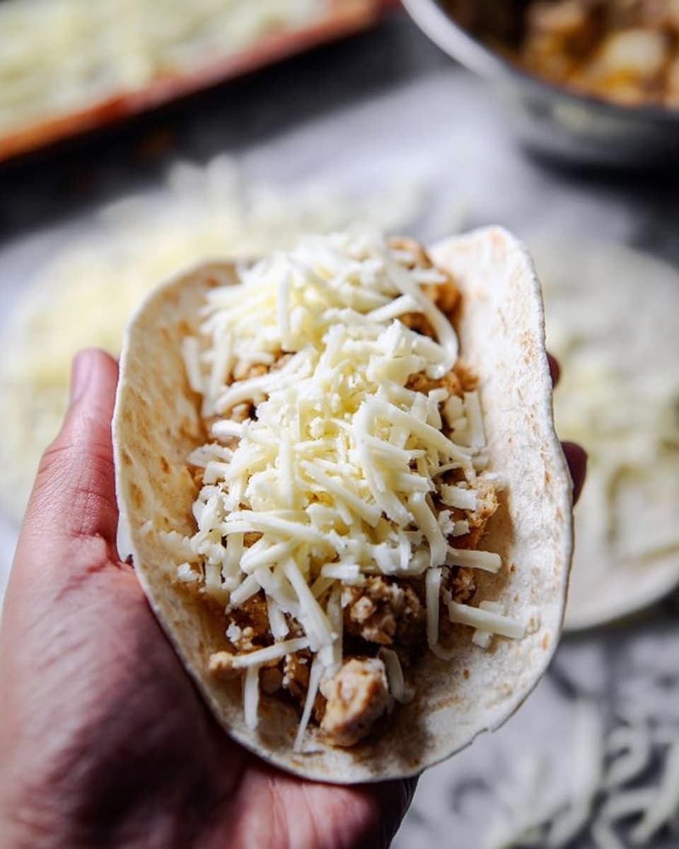 A close-up image shows a woman's hand holding a soft tortilla filled with small pieces of cooked chicken and topped with a generous layer of shredded white cheese. The tortilla is light beige and slightly textured. In the blurry background, there are some food trays on a white marbled surface, one of which contains more shredded cheese. The focus is on the tortilla and the hand holding it, showing the details of the chicken and cheese layers clearly. photo taken with an iphone --ar 4:5 --v 7