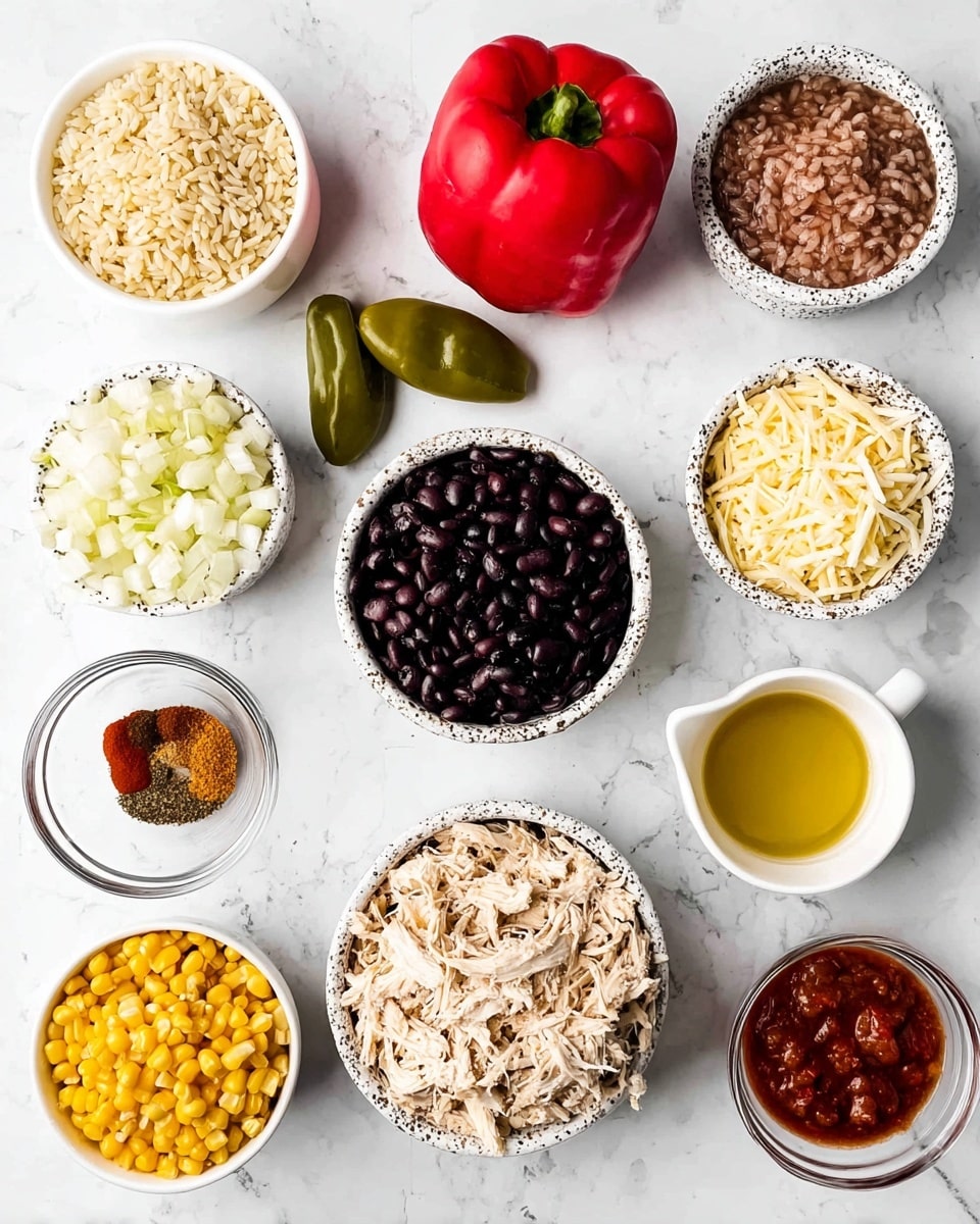 The image shows several small white bowls and one white speckled bowl arranged on a white marbled surface, each filled with different ingredients. There is a white speckled bowl full of black beans in the center, and below it, another white speckled bowl filled with shredded cooked chicken. Surrounding these, there are small white bowls containing chopped white onions, yellow corn kernels, shredded cheese, and cooked brown rice. Additionally, there are small glass bowls with tomato paste and olive oil, a small bowl of mixed spices with red and brown tones, and a small cup with a yellow liquid, likely broth. A whole red bell pepper and a small bowl of cooked green chilies are also visible in the setup. The composition is neat and bright, with a clean and fresh look, photo taken with an iphone --ar 4:5 --v 7