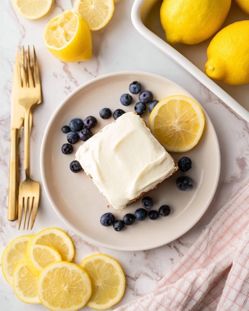 A square slice of cake with a thick, smooth white frosting layer on top sits in the center of a white plate. The cake has a light brown base layer beneath the frosting. Around the cake on the plate are scattered dark blue blueberries. Next to the plate, on a white marbled surface, are several thin, yellow lemon slices overlapping each other. In the top right corner, a white rectangular dish holds several whole bright yellow lemons. Nearby, there are golden forks and a light pink checkered cloth partially visible. Photo taken with an iphone --ar 4:5 --v 7