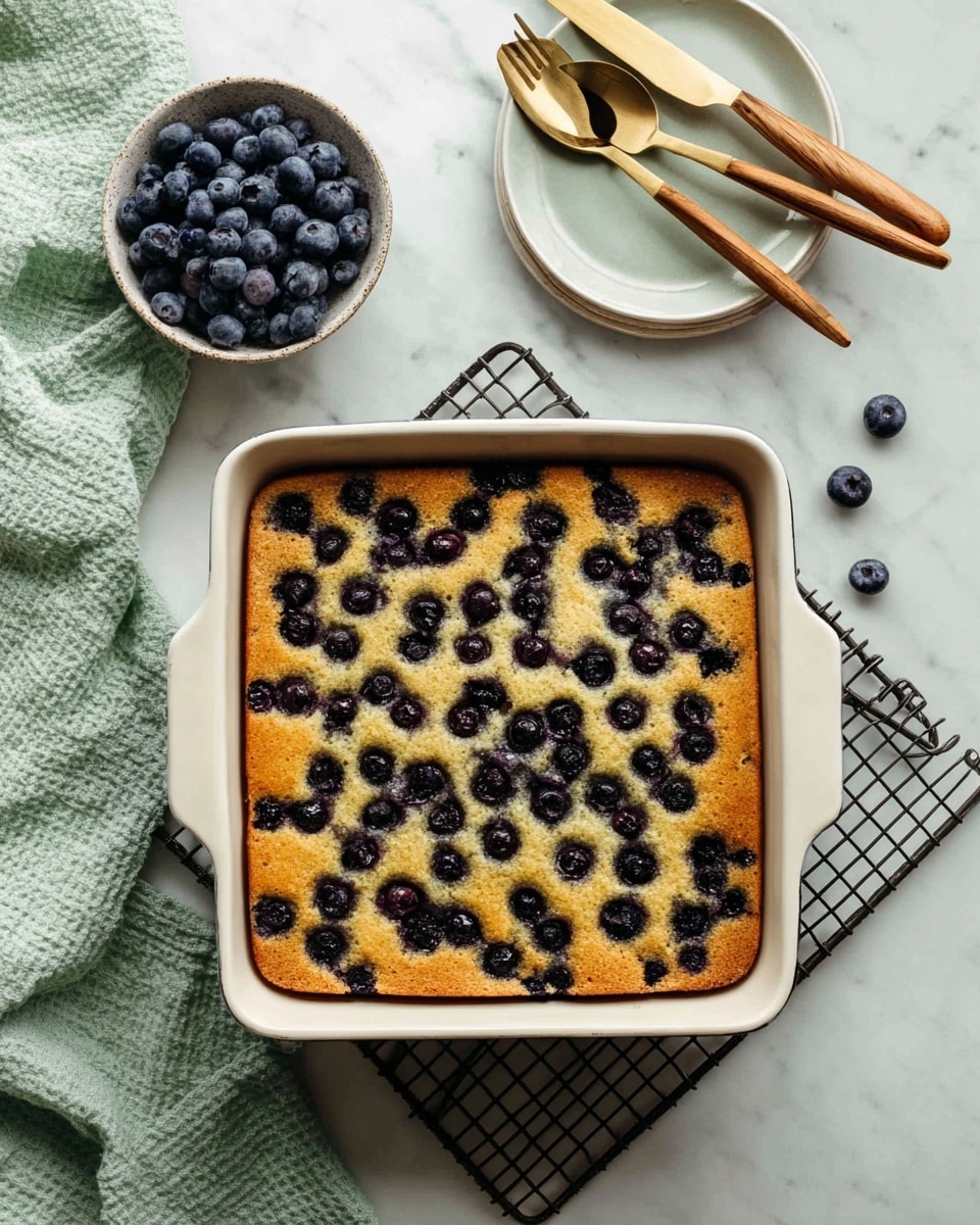 A square white baking pan filled with a golden-brown blueberry cake, where many dark purple blueberries are scattered on top, some slightly sunken into the soft cake. The pan sits on a black cooling rack over a white marbled surface. Next to the cake, there is a small white bowl full of fresh blueberries and a stack of white plates with two wooden-handled gold utensils resting on top. A light green cloth is placed in the upper left corner of the scene. The photo taken with an iphone --ar 4:5 --v 7